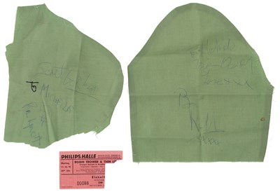 Lot 203 - THIN LIZZY - SIGNED FABRIC CUTTINGS - GERMAN CONCERT TICKET STUB.