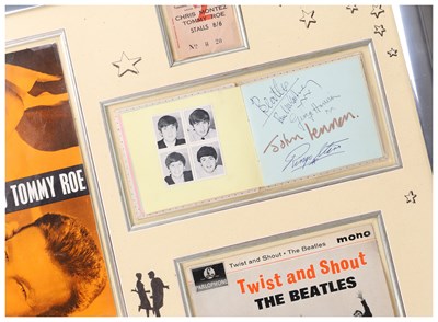 Lot 294 - THE BEATLES - DISPLAY INCLUDING FULLY SIGNED AUTOGRAPH BOOK PAGE - EPPERSON AUTHENTICATED.