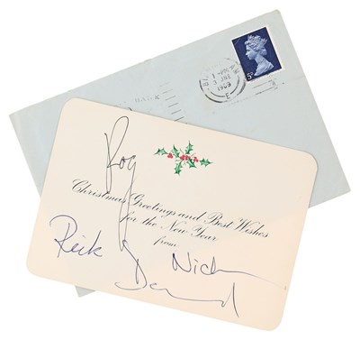 Lot 297 - PINK FLOYD - SIGNED 1969 FAN CLUB CHRISTMAS CARD WITH ORIGINAL MAILING ENVELOPE.