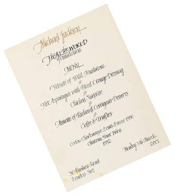 Lot 337 - MICHAEL JACKSON - 2001 'HEAL THE WORLD FOUNDATION' DINNER MENU.