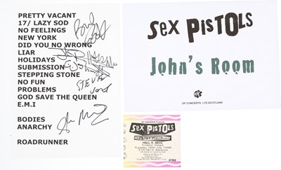 Lot 496 - SEX PISTOLS - ORIGINAL 1996 FILTHY LUCRE SIGNED SET LIST.