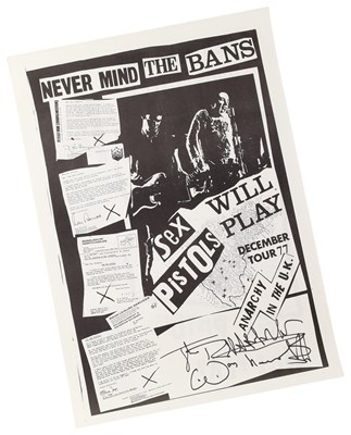 Lot 499 - SEX PISTOLS - JOHN LYDON SIGNED ORIGINAL 'NEVER MIND THE BANS' POSTER.