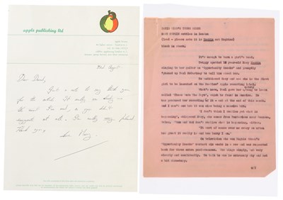 Lot 322 - DAVID WIGG COLLECTION - LETTER FROM MARY HOPKIN WITH ORIGINAL INTERVIEW TRANSCRIPT.