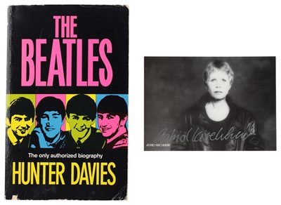 Lot 312 - THE BEATLES - HUNTER DAVIES SIGNED TO ASTRID KIRCHHERR - WITH AK SIGNED POSTCARD.