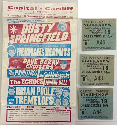 Lot 71 - DUSTY SPRINGFIELD / HERMAN'S HERMITS 1964 CAPITOL CARDIFF HANDBILL AND TICKET STUBS